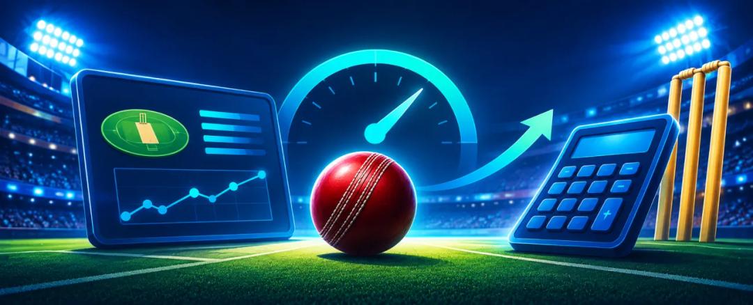 Cricket net run rate analysis dashboard with a ball, calculator and rate graph