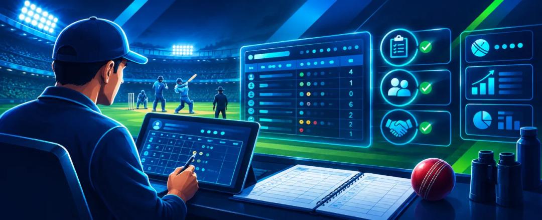 Cricket scorer entering match data on a tablet beside a live score display