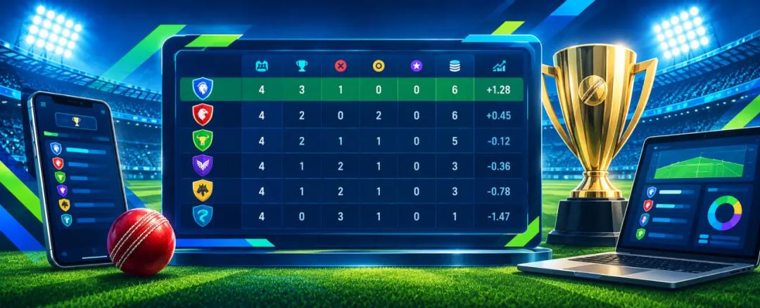 Branded cricket standings table displayed across phone, desktop and laptop screens
