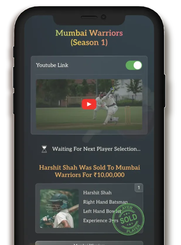 Cricket league management mobile screens