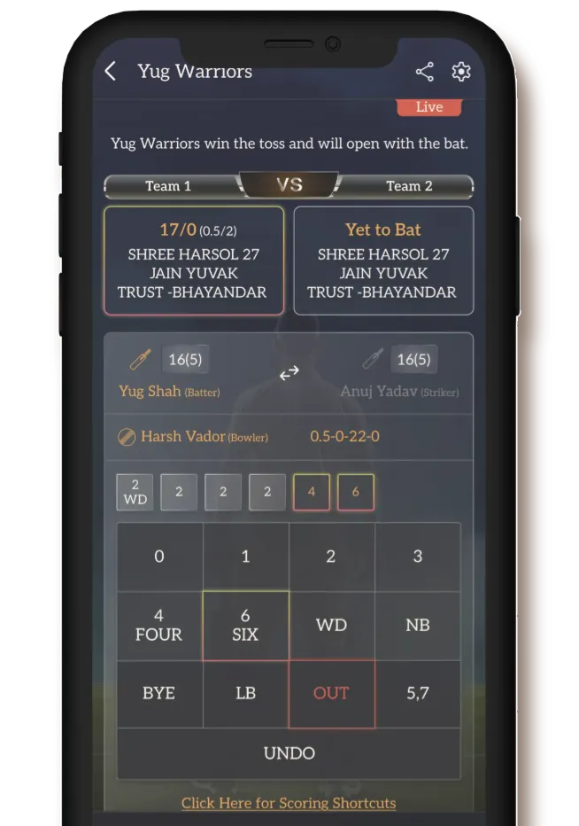Cricket league management mobile screens